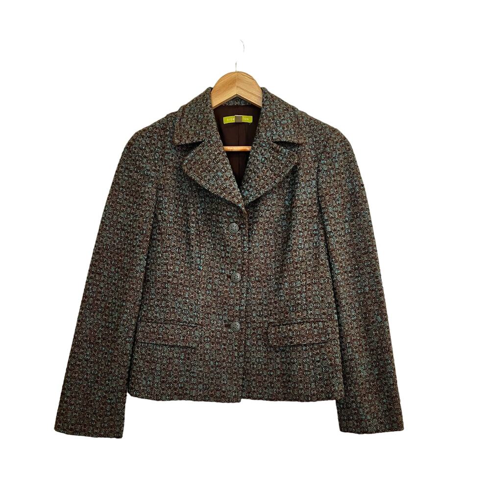 Sigrid Olsen Women's Wool Blend Turquoise Brown Jacquard Blazer Size 2